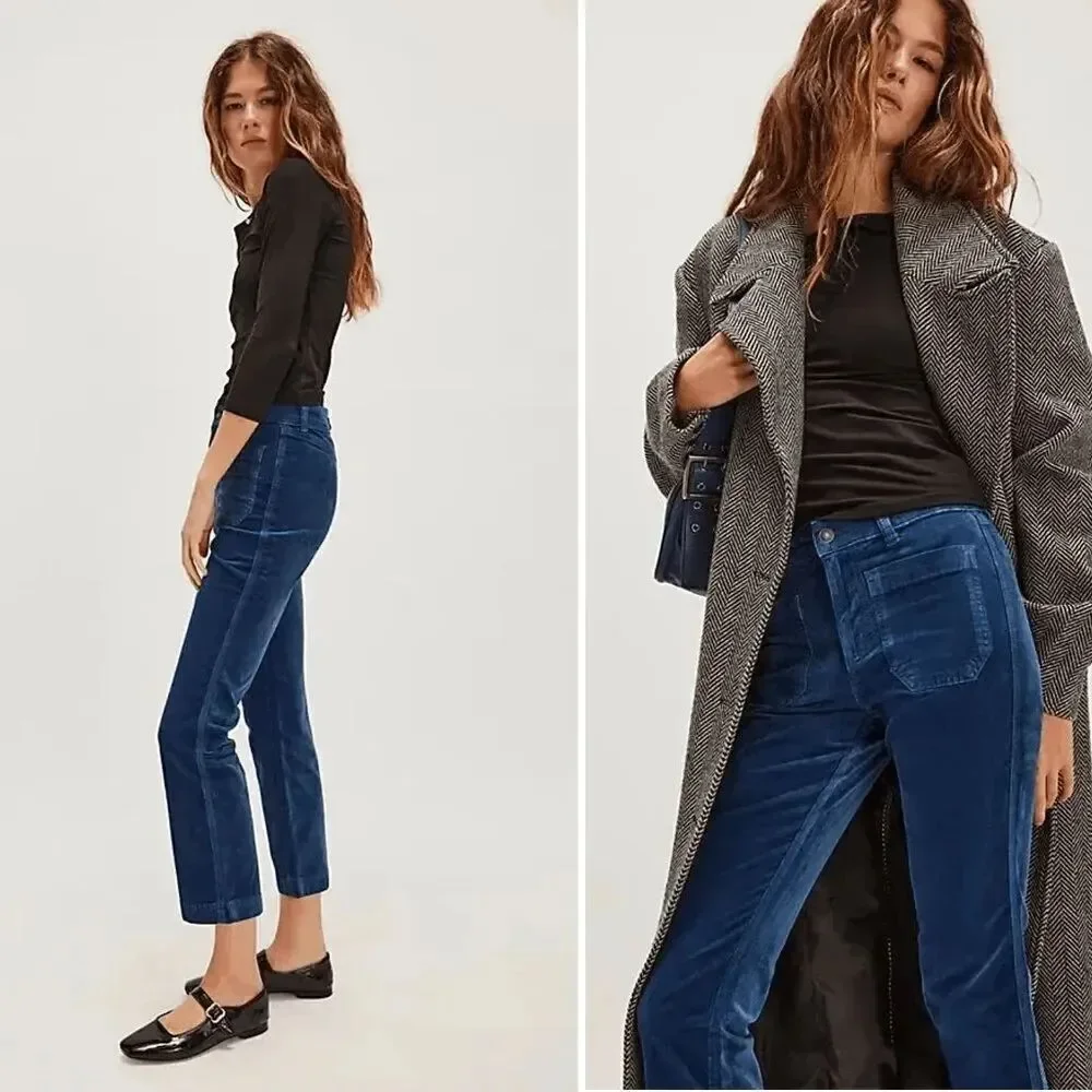 Free People High Time Velvet Kick Flare Crop Blue Pants Size 8